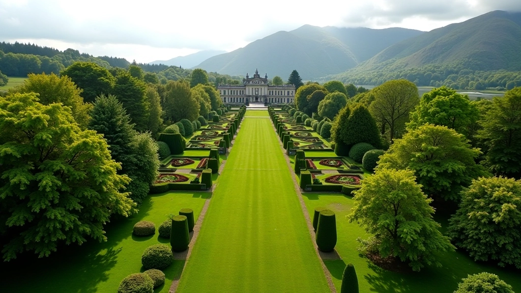 Aerial landscape of Powerscourt Gardens estate with formal gardens and woodland
