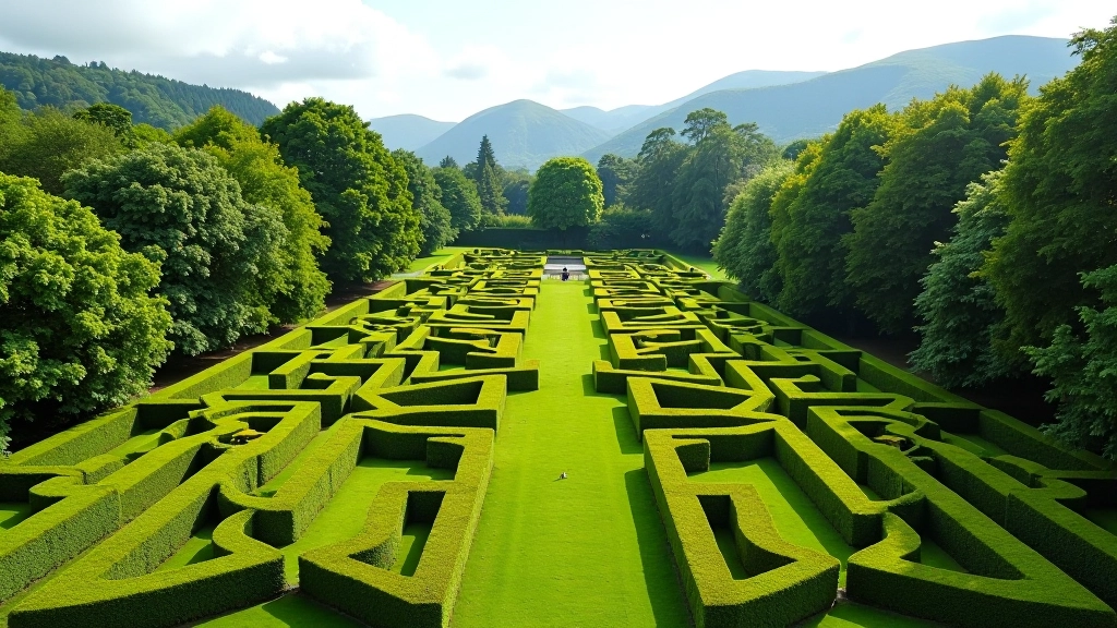 Aerial view of Powerscourt Gardens terraces with geometric hedge patterns and mountain backdrop in County Wicklow