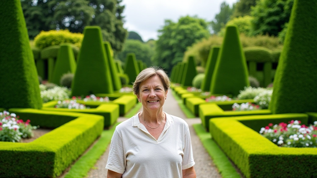 Formal garden at Birr Castle with carefully trimmed hedges, ornamental stone paths, and manicured flower beds in organized geometric patterns