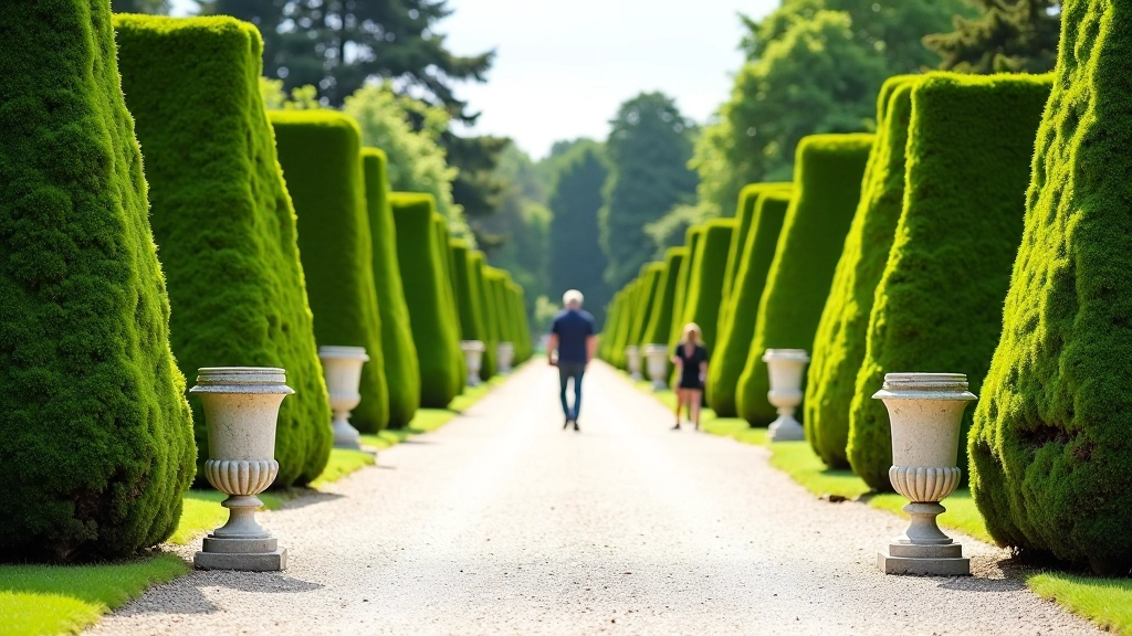 Formal garden pathway lined with trimmed hedges and stone urns, with clear sight lines through multiple levels of terraces