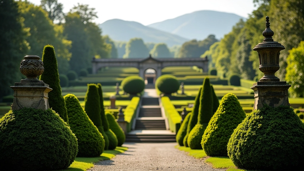 Stone balustrades and topiary gardens with mountain views at Powerscourt estate, showing terraced landscape design