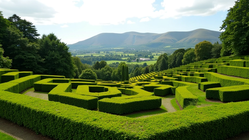 Powerscourt Gardens terraced landscaping with geometric hedge patterns and mountain views in the distance