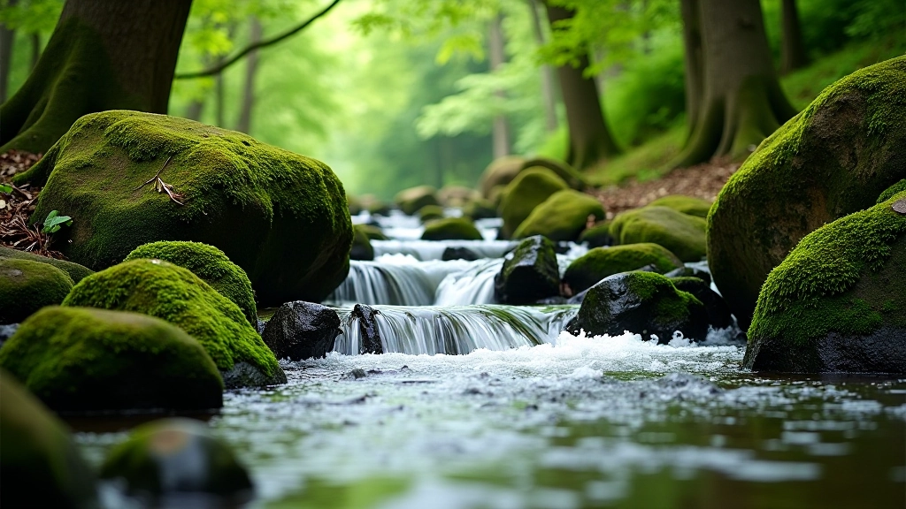 Close-up of river flowing through woodland, rocks visible in shallow water, green moss-covered banks, dappled sunlight