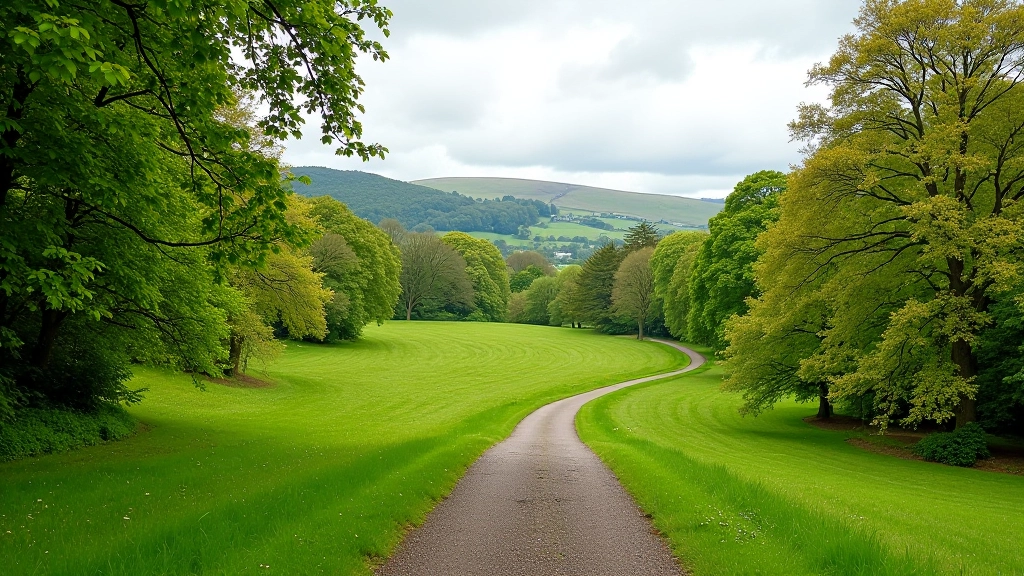 Scenic estate grounds with woodland paths and rolling landscape in Wicklow