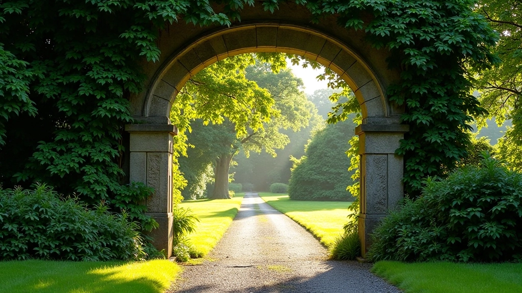 Stone archway framing a garden path, dappled sunlight filtering through mature trees in an Irish estate garden setting
