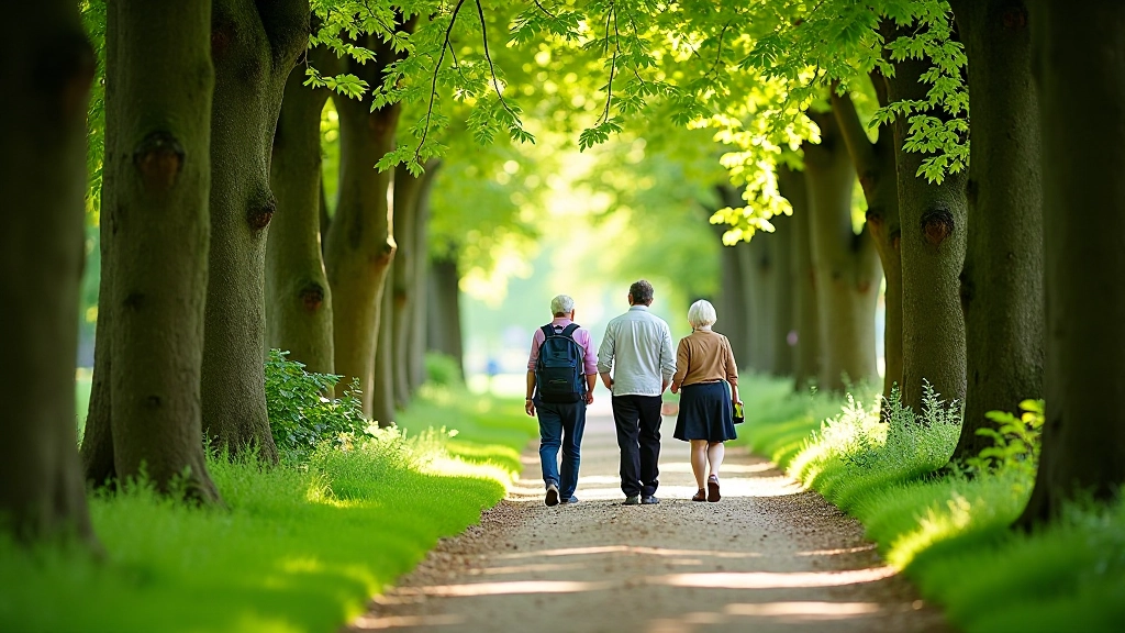 Visitors walking along a tree-lined path in Birr Castle woodland gardens, with dappled sunlight filtering through the canopy