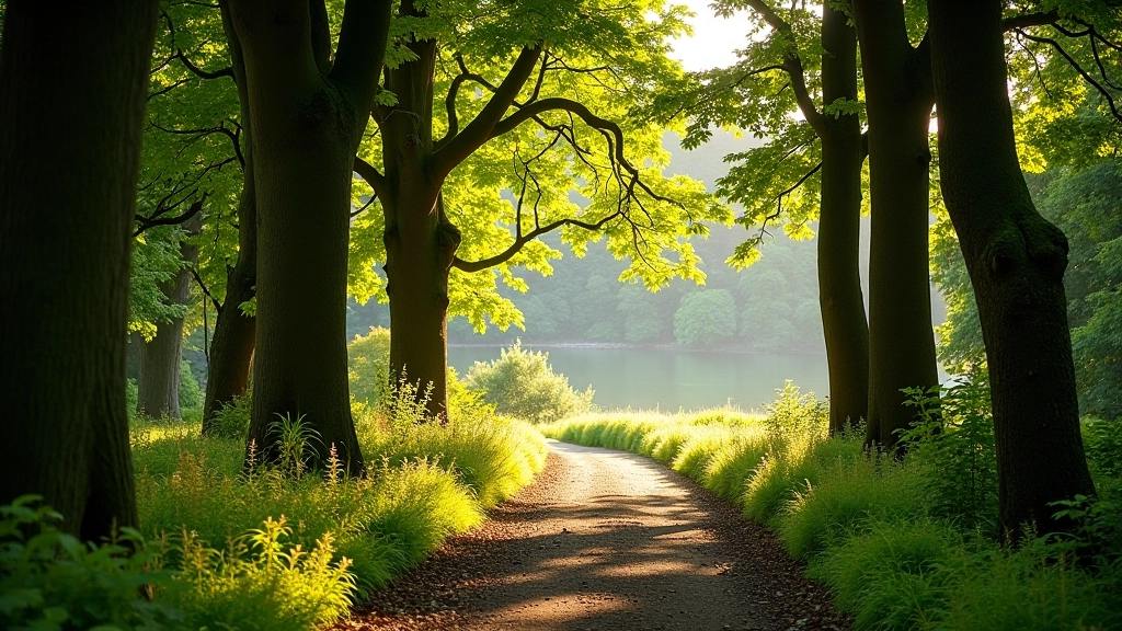 Winding woodland path through mature trees at Mount Usher Gardens, soft morning light filtering through canopy, river visible in distance