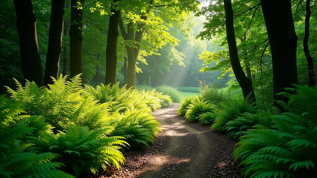 Winding woodland path with ferns and shade-loving plants, dappled morning light creating natural patterns on the trail