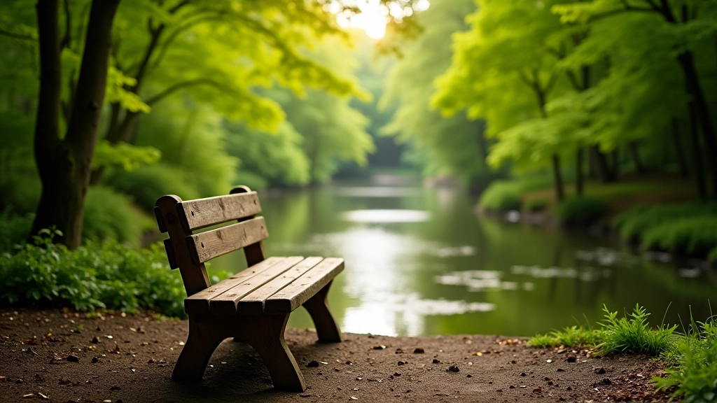 Wooden bench overlooking river in woodland setting, peaceful riverside landscape, trees framing the view