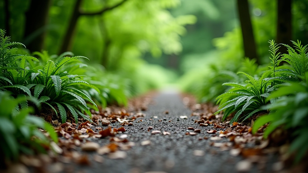 Forest floor with gravel path, scattered leaves, tree roots visible, woodland understory vegetation, natural forest lighting
